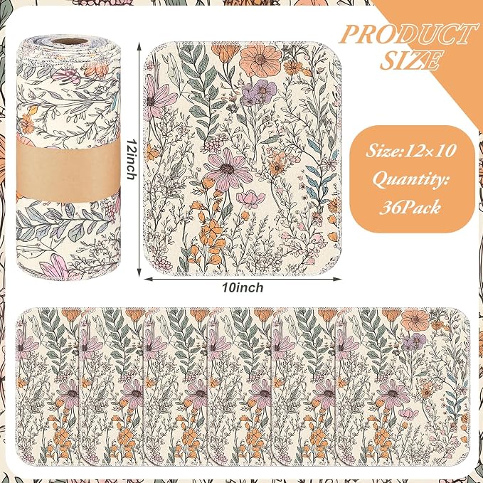 Reusable Kitchen Cloths Cotton Towel, 36 Pack, Cute Wildflower | Washable 9.84x11.81in, Paperless Towel Rolls Bulk, Cleaning Cloth Napkins for Dishes