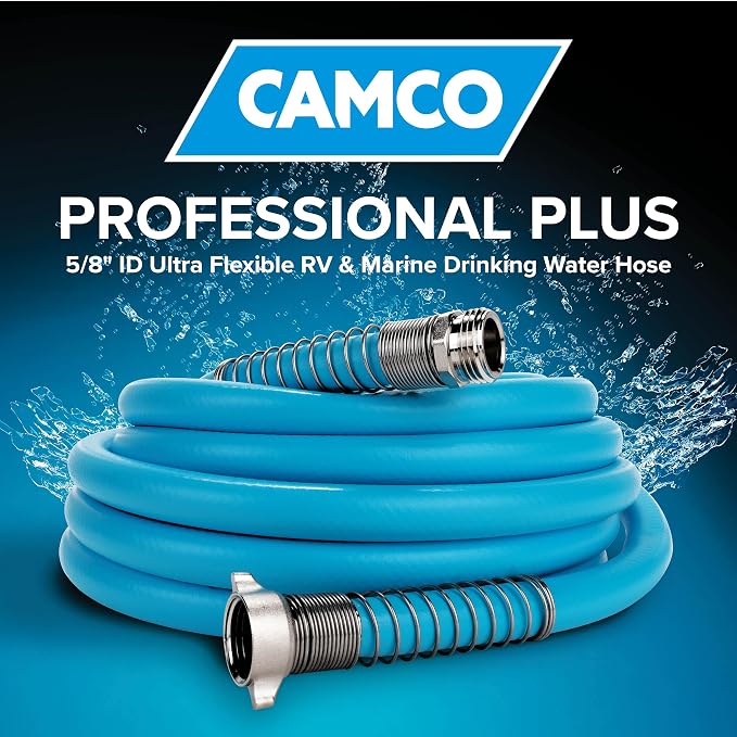 Camco EVOFlex 50-Ft RV Drinking Water Hose - Features Extra Flexible Design w/Stainless Steel Strain Relief Ends - Lead-Free, BPA-Free and Phthalate-Free - 5/8” Inside Diameter (22596)