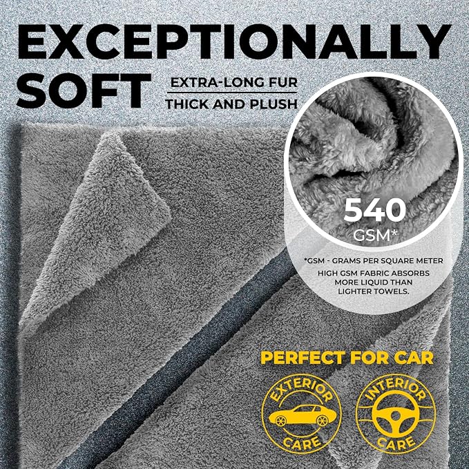 Edgeless Microfiber Car Towels – 6pk(12”x12”) – Soft & Scratch-Free Towels | 540 GSM - Great for Drying, Detailing, Polishing, Buffing - Ultra Absorbent Microfiber Cleaning Cloths for Car