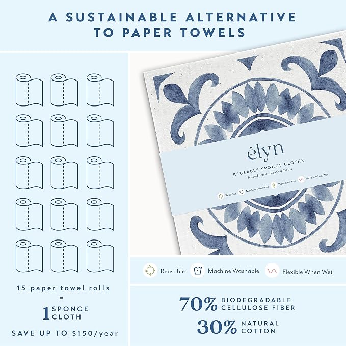 ELYN Swedish Dishcloths, Reusable & Washable Sponge Cloths, Absorbent Cleaning Paper Towels for Kitchen, Dishes, Counters and More, 5 Pack, Assorted Moroccan Pattern