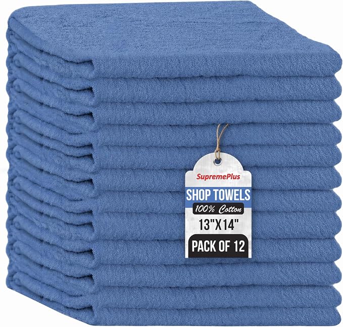 Premium Blue 100% Cotton Shop Towels, 12 Pack, 13”x14”, Reusable Cleaning Shop Rags, Absorbent Mechanic Rags for Automobiles, Oil, Grease, Car Washing, Industries, Garage, Bar & Home Use