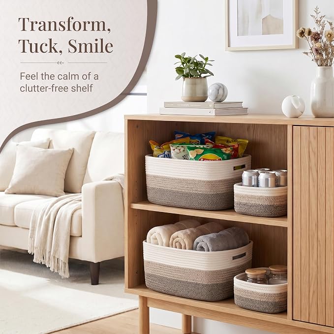 5 Pack Storage Baskets for Shelves, 17"x13"x7.5" & 7"x7"x3.5" | Cotton Rope Woven Baskets for Organizing, 2 Sizes Organizer Bins, Baskets for Shelves, Nursery, Toys, Closets, Laundry & Home