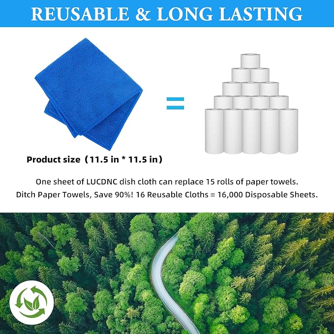 lucdnc Microfiber Cleaning Cloths 16 Pack 8 Colors 11.5"x11.5" | Soft Lint-Free Cleaning Rags for Home, Kitchen, Bathroom, Car, Wet & Dry Use