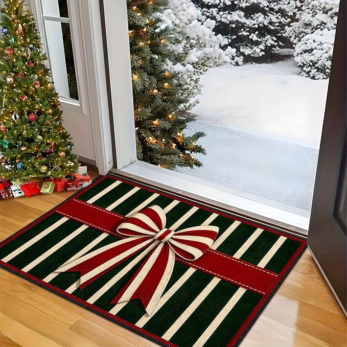 Christmas Bow Rug 15.7x23.6 in, Faux Cashmere Non Slip Floor Mat (Striped Bow, 15.7x23.6inch)