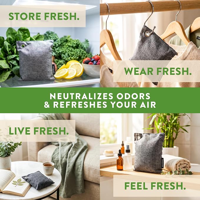Activated Bamboo Charcoal Odor Absorber Bags for Strong Odors - 12 Pack Large 100g Air Purifying Bags, Natural Activated Charcoal Deodorizer for Shoes, Closet, Car, Gym Bag, Bathroom & Home