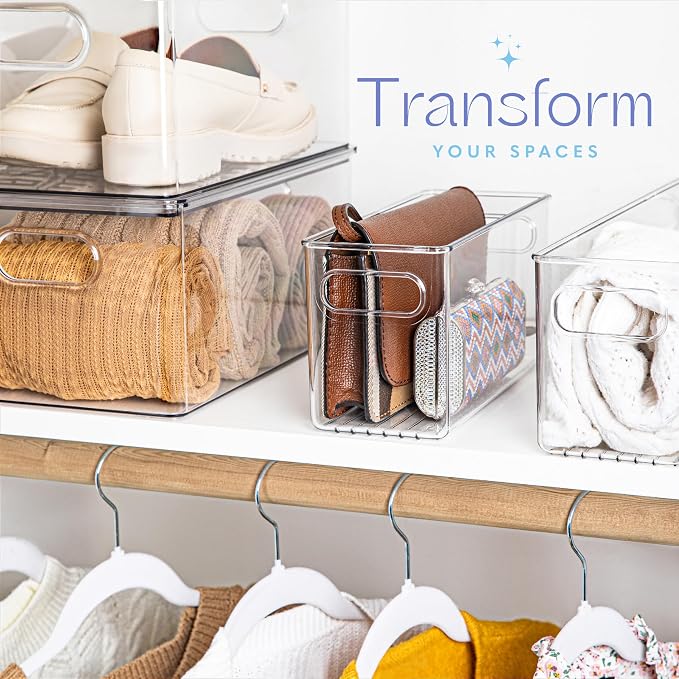 Plastic Food Storage Clear Container Bin with Handles for Organizing Kitchen, Pantry, Refrigerator, Freezer, Pantry, Cabinet, Closet, Bathroom. 10”x4”x5”