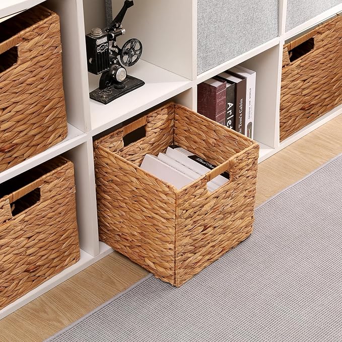 LYJWOO6D Water Hyacinth Storage Baskets 11x11x11 Inch Set of 2 | Handwoven Foldable Wicker Cubes with Sturdy Handles, Rustic Laundry Organizer for Bedroom Shelves, Kitchen, Bathroom