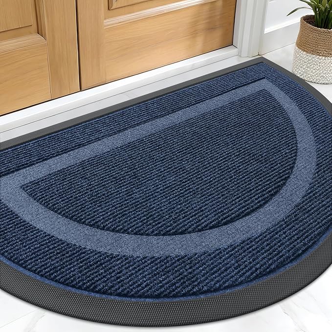 OLANLY Half Circle Front Door Mat Outside 29.5x17 All-Season Rubber Doormat | Blue, Absorbent, Heavy-Duty, Stain and Fade Resistant, Waterproof Non-Slip Backing, Low-Profile Indoor Outdoor Entryway Mat