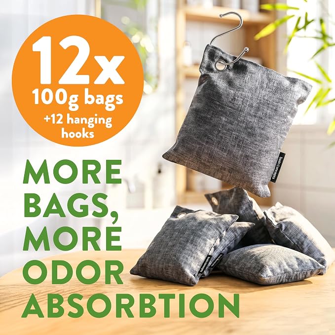 Activated Bamboo Charcoal Odor Absorber Bags for Strong Odors - 12 Pack Large 100g Air Purifying Bags, Natural Activated Charcoal Deodorizer for Shoes, Closet, Car, Gym Bag, Bathroom & Home