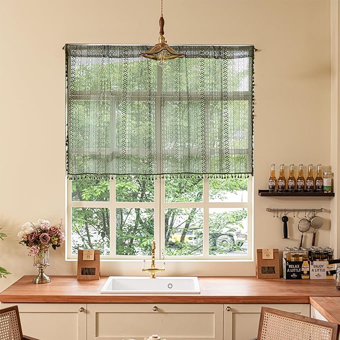 Sutuo Home Olive Green Boho Valance Curtains for Kitchen Cafe,Crochet Lace Sheer Bohemian Hollow with Handmade Tassels, Privacy Vintage Cottage Retro Farmhouse Tier, Rod Pocket 1 Panel 59" W x 36" L