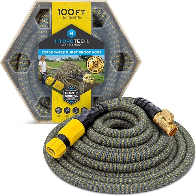 HydroTech 100 ft Expandable Burst-Proof Garden Hose, 5/8 in Diameter | Patented Force Control Technology delivers lightweight, kink-free flexibility, compact storage and dependable durability.