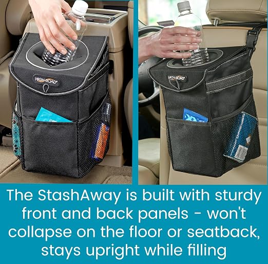 High Road StashAway Heavy Duty Car Trash Can with Rubber Lid | Leakproof Car Garbage Can With 3 Storage Pockets and Sturdy Panels for Stable Floor or Hanging Seatback Use