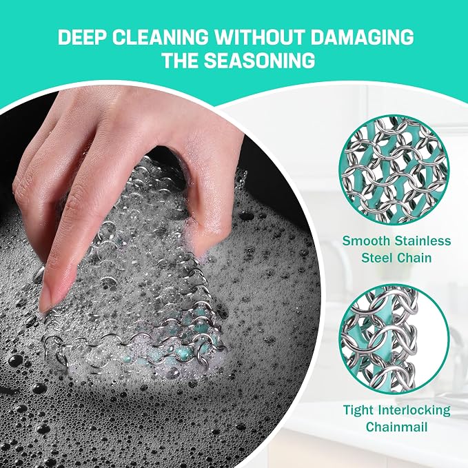 HAUSHOF Cast Iron Scrubber, Chainmail Scrubber Cast Iron Cleaner | Multi-Purpose Cleaning;Easy to Clean;Soft Silicone Liner;Protects Cast Iron Seasoning