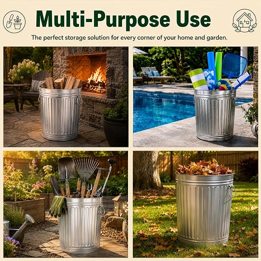 Gardenised Round Galvanized Steel, 7 Gallon Trash Can with Lid - Durable Metal Bucket for Backyard, Lawn, Garden and Yard Use - Weather-Resistant Garbage Can for Indoor and Outdoor, 13 inch