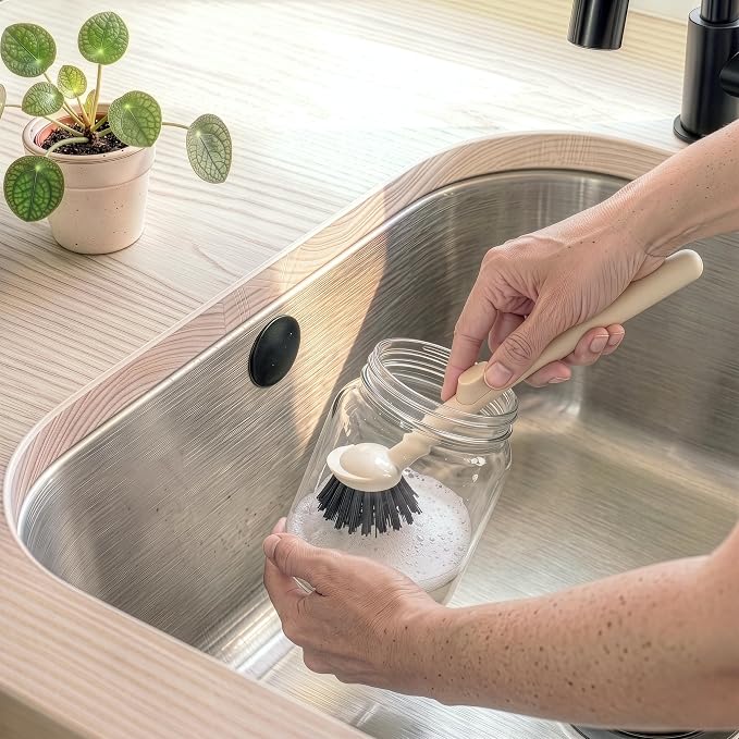 Earth & Mango Magnetic Dish Brush & Scraper, Snaps to Sink, Warm Sand Beige