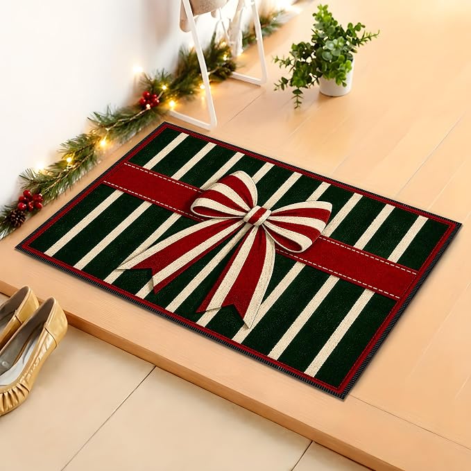 Christmas Bow Rug 15.7x23.6 in, Faux Cashmere Non Slip Floor Mat (Striped Bow, 15.7x23.6inch)