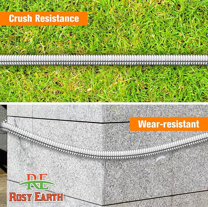 Rosy Earth Garden Hose 15 FT, 304 Stainless Steel Metal Water Hose, Heavy Duty Flexible Leader Hose, Short Water Hose Kink Free Hose for Rv, Outdoor, Yard, No Bite, Leak proof and Durable