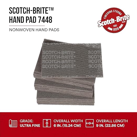 Scotch-Brite Ultra Fine Grade 7448 Hand Pad, Pack of 3, 6 in x 9 in Hand Pads, Nonwoven Silicon Carbide, Surface Preparation, Scuffing, and Cleaning, Gray