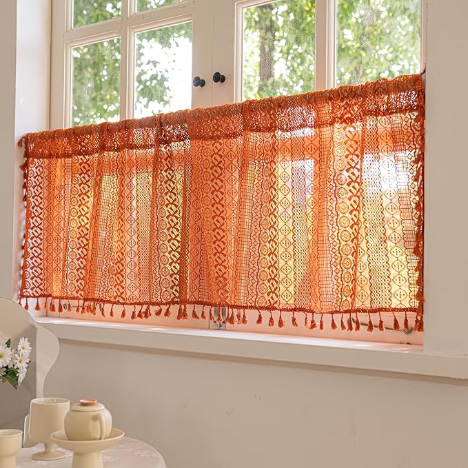 Sutuo Home Terracotta Boho Curtains Crochet Sheer Bohemian Hollow Knitted with Tassels, Valance Short Tier Privacy Vintage Rustic Farmhouse Drapes for Kitchen, Rod Pocket 1 Panel 59" W x 24" L, Orange
