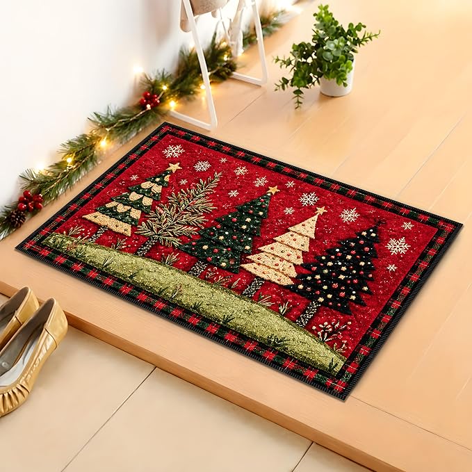 Christmas Tree Area Rug 15.7x23.6 Inch, Faux Cashmere Non Slip Floor Mat, Red Snowflake Holiday Rug for Entryway Bedroom Kitchen (Christmas Tree, 15.7x23.6inch)