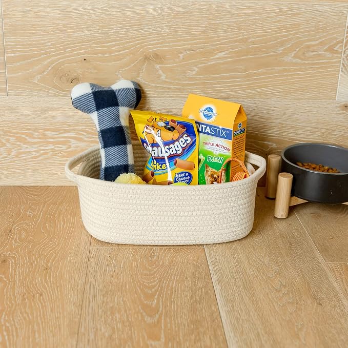 NaturalCozy 5-Piece Rectangle Storage Basket Set- Natural Cotton Rope Woven Baskets for Organizing! Small Basket for Montessori, Baby Nursery, Dog Toy Baskets, Cat Toy Box, Bathroom Organization Bin