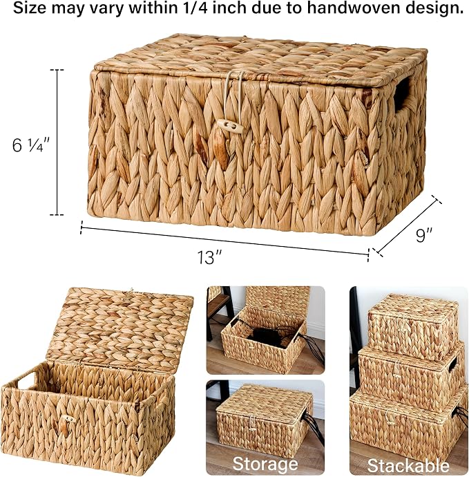 StorageWorks Wicker Basket with Lid, Storage Baskets with Lids, Hyacinth | Woven Baskets with Lids for Shelves, Wicker Storage Baskets with Lids, Lidded Baskets for Organizing, Meidum, 1 Pack