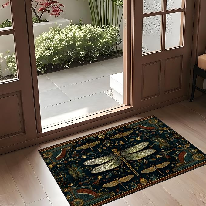 Vintage Dragonfly Laundry Room Mat 23.6 x 19.6 Inch, Dark Teal Botanical Non-Slip Washer Dryer Floor Rug for Entryway, Kitchen and Bathroom (Dark Green)