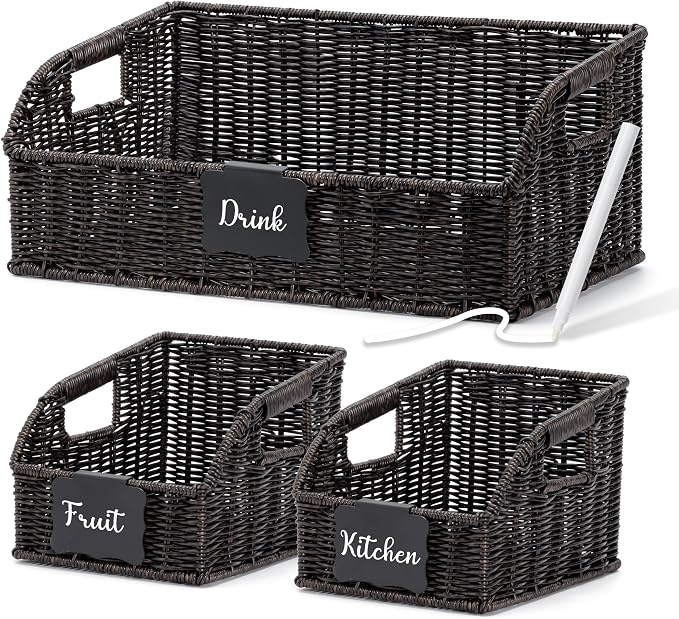 Pantry Organizers, Handwoven Large Wicker Baskets for Shelves, Labeled Storage Baskets for Organizing with Handles - Waterproof Plastic Storage Bins, Boho Decorative, 3Pack, Black