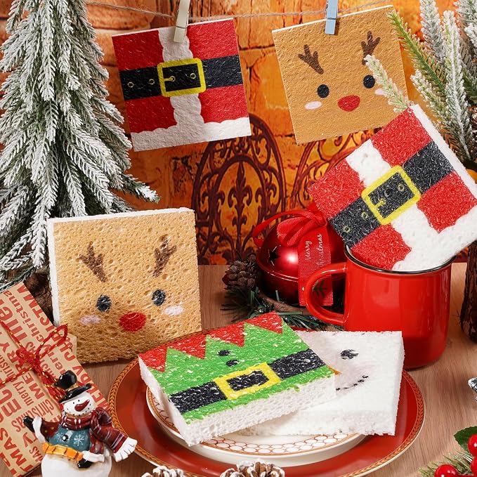 Whaline 8Pcs Christmas Character Kitchen Sponges Santa Reindeer Snowman Elf Water Absorbing Dish Washing Sponge Non Scratch Cleaning Scrub Sponges for Holiday Home Kitchen Bathroom