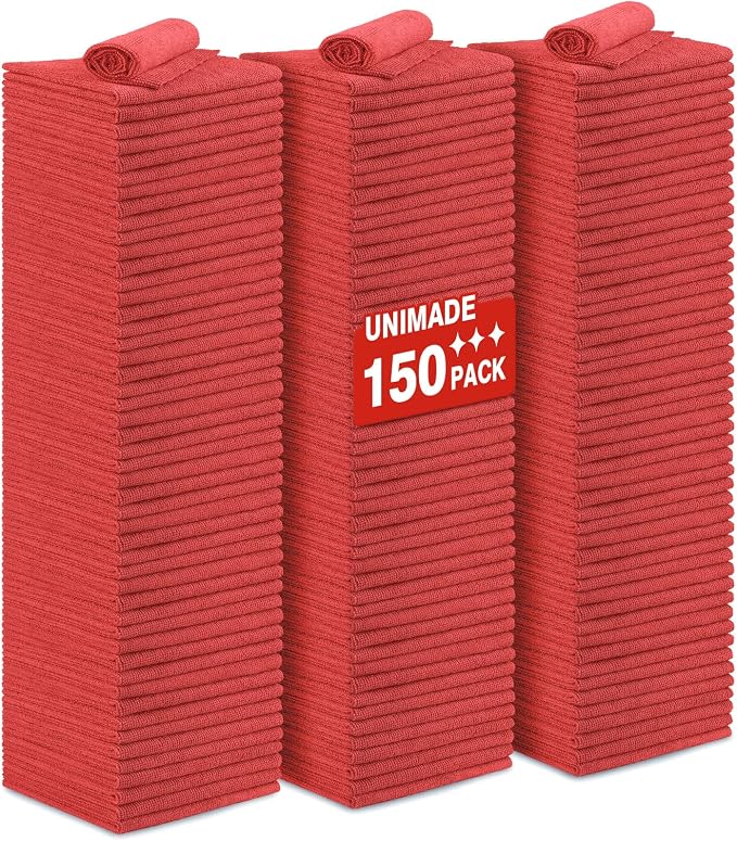 Shop Towels Rags, 150 Pack Reusable Microfiber Cleaning Cloth | Shop Rags Bulk Lint Free Cleaning Towels for Car Kitchen Automotive Bar Mechanic Restaurant Garage, 11.5"x 11.5", Red