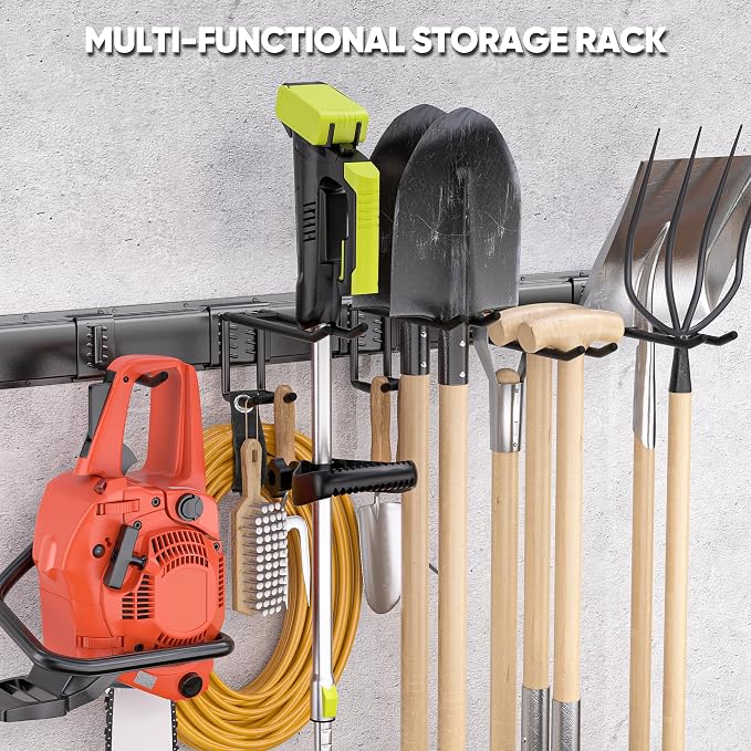 Nacial Heavy Duty Garden Tool Organizer Metal Wall Mount, 64 inches | 600lbs Alloy Steel Tool Storage Rack with Adjustable Hooks, Yard Shed Rack Holder System Hanging Rake Broom Mop Snowboard