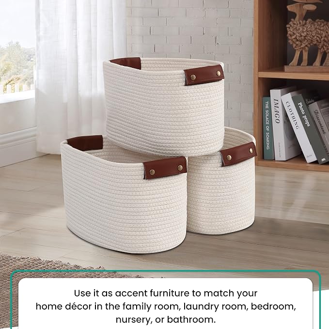 3 Pack Woven Cotton Rope Storage Basket, 15x10x9, Cream | Faux Leather Handles; Decorative Closet Shelf Organizer; Ideal for Storage & Organization