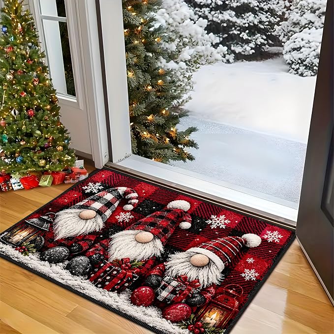 Christmas Gnome Area Rug 15.7x23.6 Inch, Faux Cashmere Non Slip Floor Mat, Red Black Plaid Holiday Rug for Entryway Bedroom Kitchen (Three Gnomes, 15.7x23.6inch)