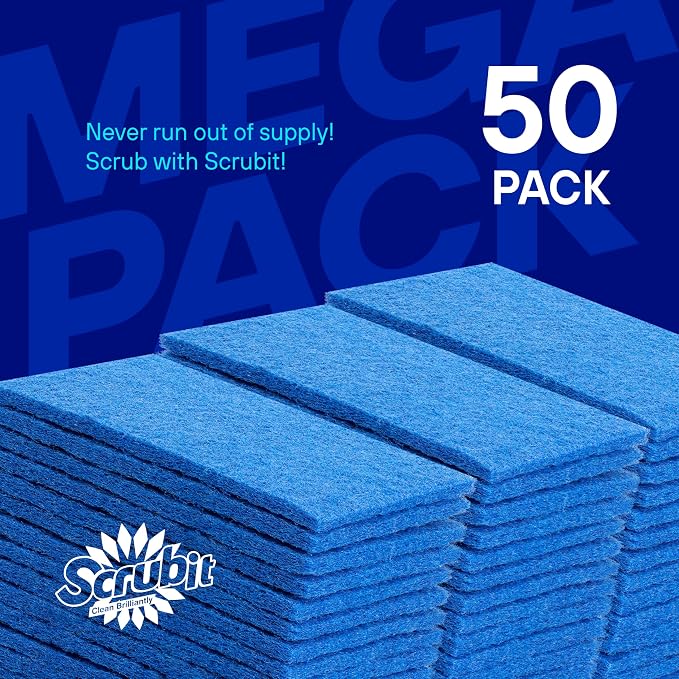 SCRUBIT 50 Pack Scouring Pad - Heavy Duty Scrub Pads for Cleaning Dishes - Non-Scratch Reusable Scrubbing - Blue