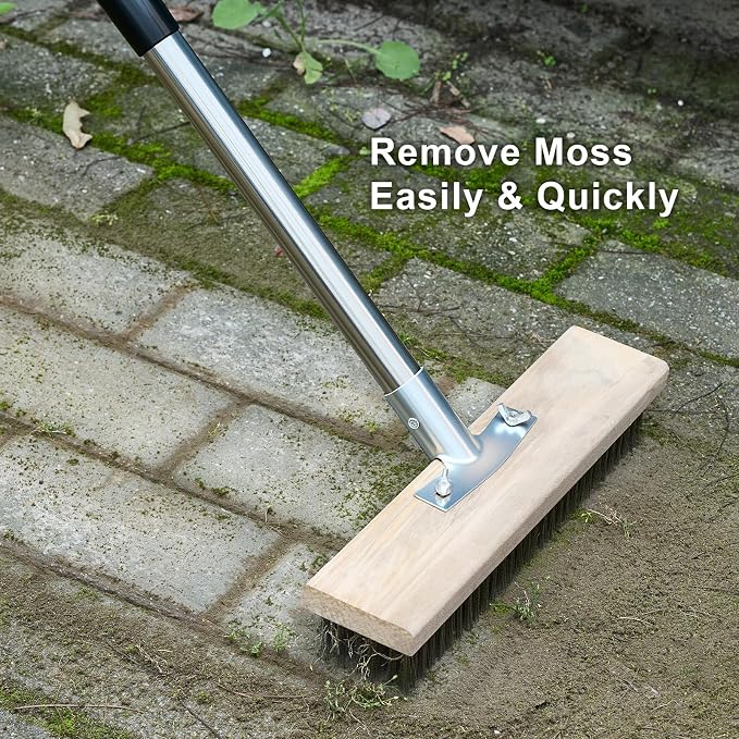 Wire Brush Long Handle 57'' Remove Moss on Deck Concrete Patio | Heavy Duty Outdoor Scrub Broom with Metal Stiff Bristle, Large Wire Scrubber for Weeds Removal in Garage Garden Roof Balcony