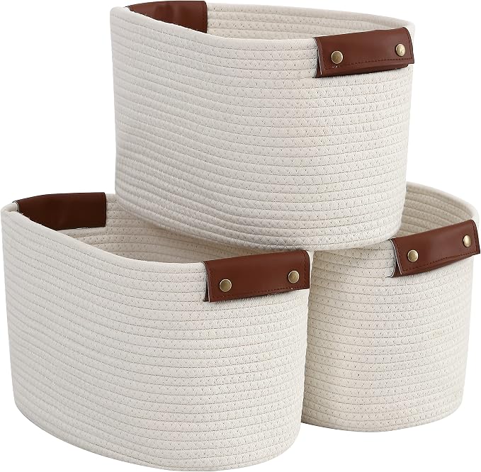 3 Pack Woven Cotton Rope Storage Basket, 15x10x9, Cream | Faux Leather Handles; Decorative Closet Shelf Organizer; Ideal for Storage & Organization