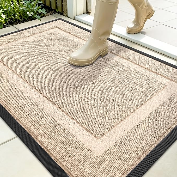 OLANLY Front Door Mat Outside 35x23, All-Season Heavy-Duty Rubber Doormat | Off-White, Absorbent, Stain Fade Resistant, Waterproof Non-Slip Backing, Low-Profile Indoor Outdoor Floor Mat for Entryway