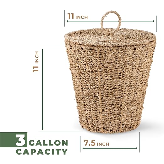 84ECO 3 Gallons Seagrass Waste Basket with Lid and Liner - Wicker Trash Can