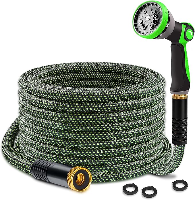 Garden Hose 25FT, Ultra Lightweight with 10-Function Nozzle | Kink-free & leak-proof 25FT hose. Ultra-lightweight 2.8 lbs, durable fittings, 10-pattern nozzle. Includes 3 extra washers.