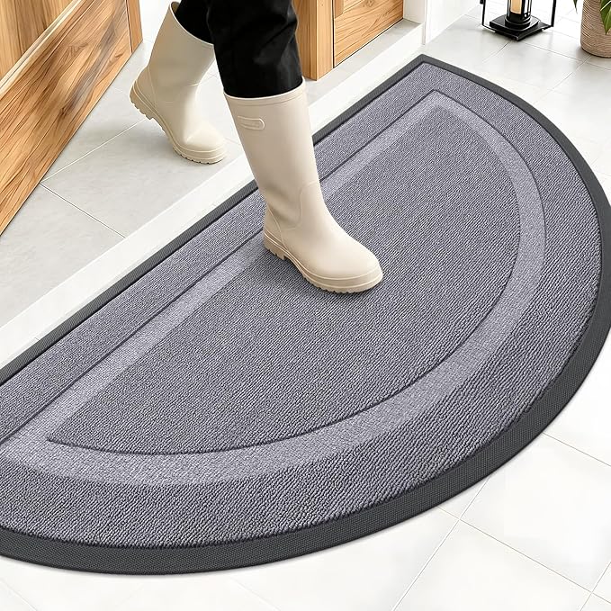 OLANLY Half Circle Front Door Mat Outside 47x23 All-Season Rubber Doormat | Classic Gray, Absorbent, Heavy-Duty, Stain and Fade Resistant, Non-Slip Backing, Low-Profile Indoor Outdoor Entryway Mat