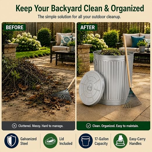 Gardenised Round Galvanized Steel 17 Gallon Trash Can with Lid and Handles Durable Metal Storage Bucket for Backyard Lawn Garden and Yard Use Weather-Resistant Garbage Can for Indoor and Outdoor