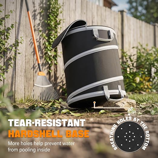 Collapsible Pop Up Trash Can with Hard Plastic Bottom and Drain Holes, 23 Gallon Foldable Yard Waste Leaf Bag and Outdoor Camping Garbage Bin for Garden, RV and Indoor Storage