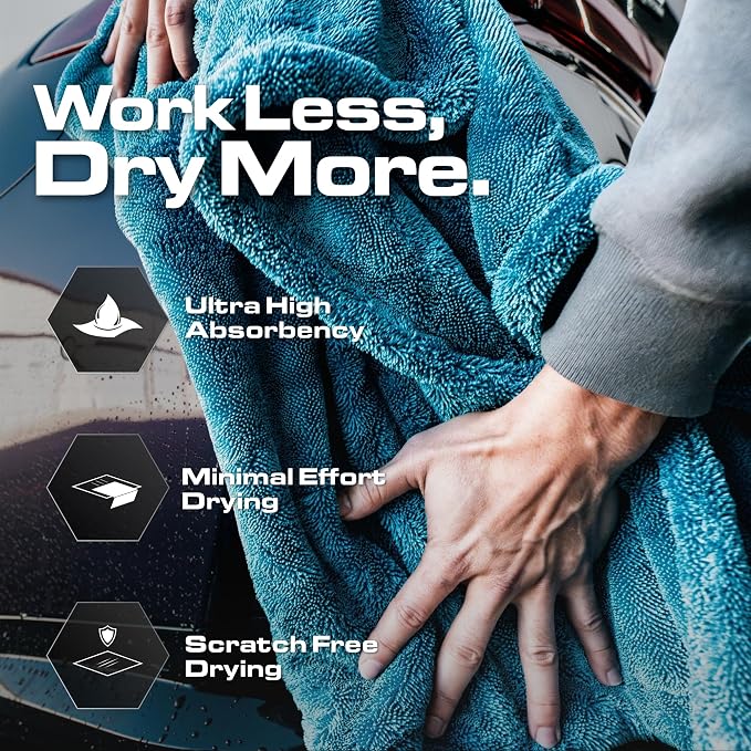 Microfiber Car Drying Towel 24"x36", 1300GSM Twisted Loop | Twisted Loop microfiber dries your car in one pass-1300GSM, streak-free & scratch-safe. Absorbs 6x its weight, no water spots