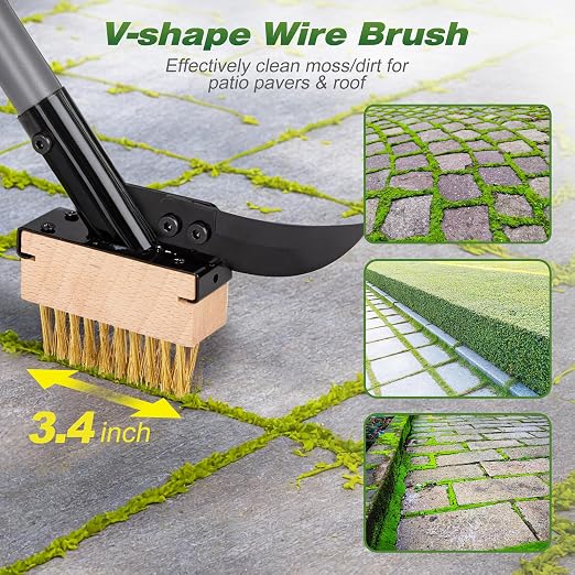 Walensee 66.5in Adjustable 3-in-1 Crack Weeder & Moss Remover Brush Tool | Adjustable Long Handle, 2 Replaceable Brush Heads & Scraper, Cleans Deck Patio Walkway Crevices, Efficient Moss & Weed Puller