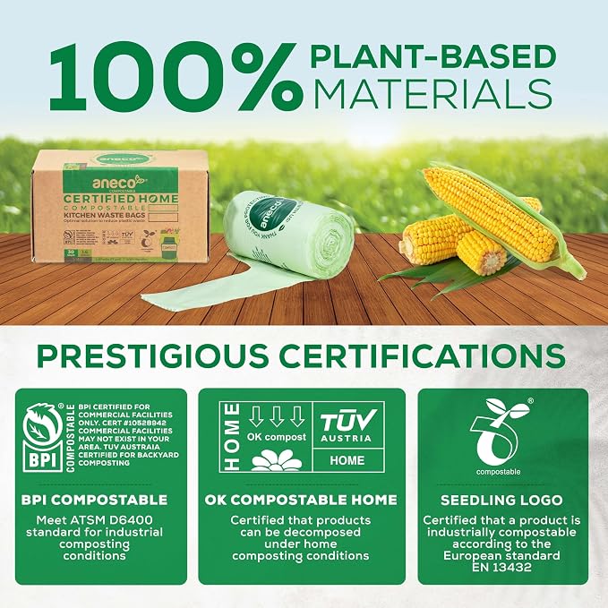 ANECO 100% Compostable Food Waste Bags 1.6 Gallon With Handles (30 Count) | Small Compost Bags for Countertop Bin, OK Compost HOME & BPI Certified Compostable Kitchen Food Waste Bags
