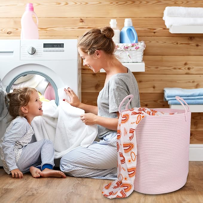 XUANGUO Cotton Rope Laundry Basket Hamper for Girls Kids Baby Nursery Hamper Bin Woven Storage Basket for Living Room Girls room Boho Tall Rope Baskets for Blanket Toys Large light pink (Pack of 2)