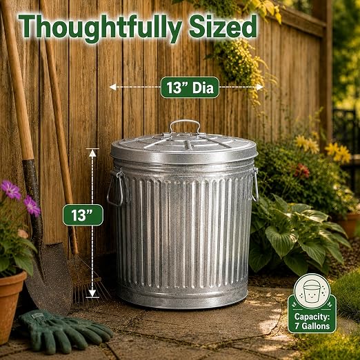 Gardenised Round Galvanized Steel, 7 Gallon Trash Can with Lid - Durable Metal Bucket for Backyard, Lawn, Garden and Yard Use - Weather-Resistant Garbage Can for Indoor and Outdoor, 13 inch