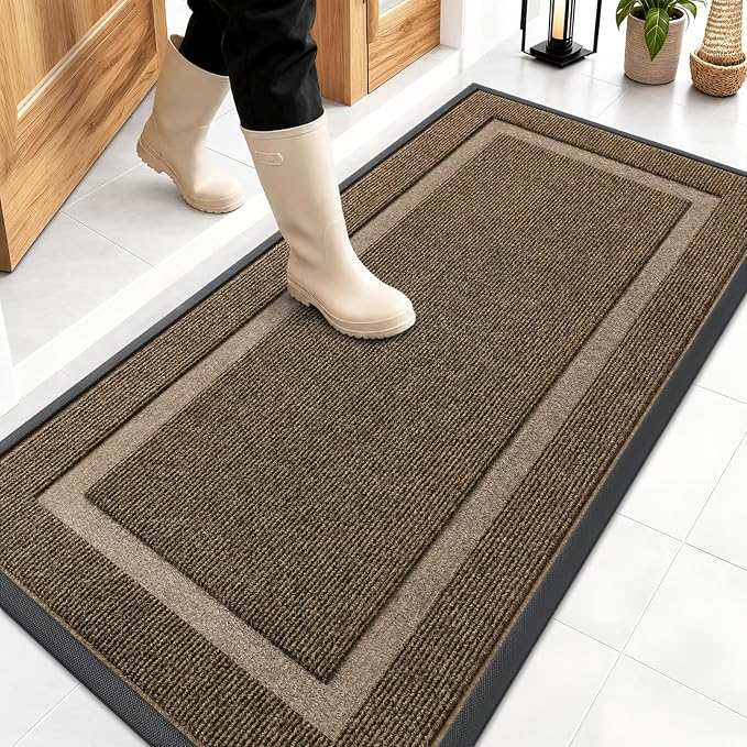 OLANLY Front Door Mat Outside 47x23, All-Season Heavy-Duty Rubber Doormat | Brown, Absorbent, Stain and Fade Resistant, Waterproof Non-Slip Backing, Low-Profile Indoor Outdoor Floor Mat for Entryway