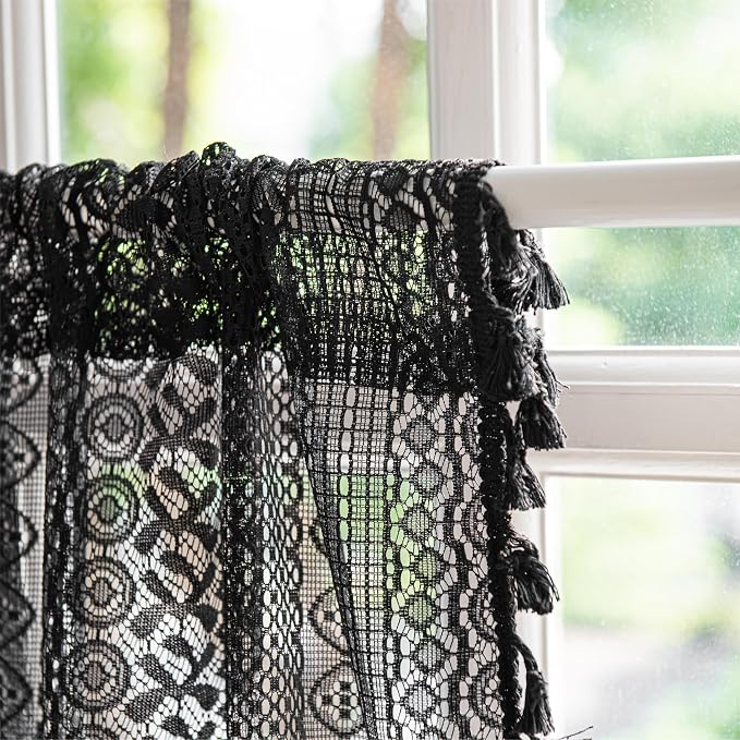 Sutuo Home Black Boho Valance Curtains Crochet Lace Sheer Bohemian Hollow Knitted with Tassels, Privacy Vintage Mid Century Farmhouse Tier for Kitchen, Rod Pocket 1 Panel,59" W x 36" L