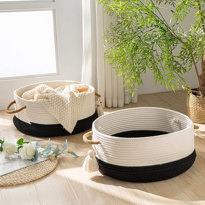 KAKAMAY Woven Baskets for Storage(16"x8"),Blanket Basket for Organizing Living Room,Cotton Rope Basket Woven Baby Laundry Hamper,Collapsible Laundry Room Organization,Clothes,Toy Chest(Black)